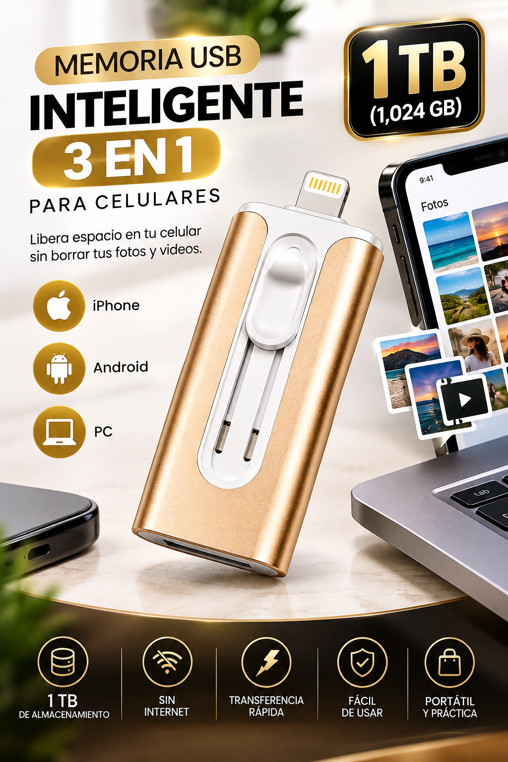 MEMORIA USB INTELIGENTE 3 EN 1 PARA CELULARES - 1 TERABYTE (1,024 GB)