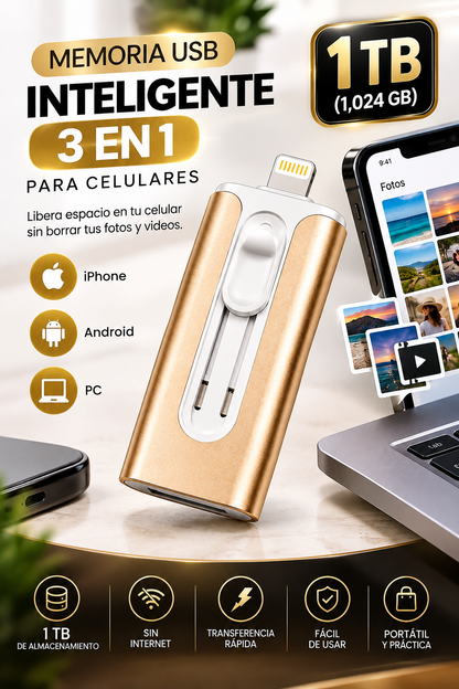 MEMORIA USB INTELIGENTE 3 EN 1 PARA CELULARES - 1 TERABYTE (1,024 GB)
